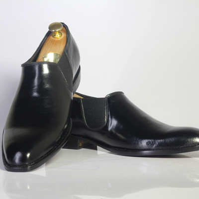 Handmade black half chelsea casual leather shoes for men's - Thumbnail 3