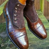 Crocodile Texture High Ankle Premium Genuine Rounded Cap Toe Button Men Boots - Thumbnail 4