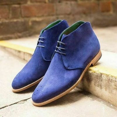 Royal blue color superior suede leather party wear high ankle chukka boots - Thumbnail 5