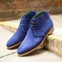 Royal Blue Color Superior Suede Leather Party Wear High Ankle Chukka Boots - Thumbnail 4
