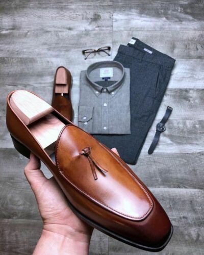 Handmade men tan moccasin shoes, men leather party shoes, dress formal shoes men