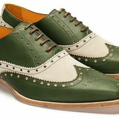 Handmade wing tip brogue leather shoes mens lace up white green stylish shoes