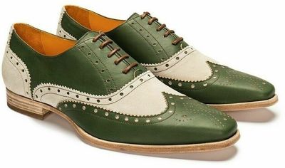 Handmade Wing Tip Brogue Leather Shoes Mens Lace Up White Green Stylish Shoes