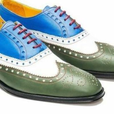 Handmade wing tip brogue leather shoes men lace up white blue green stylish shoe