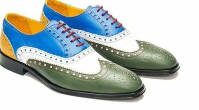 Handmade Wing Tip Brogue Leather Shoes Men Lace Up White Blue Green Stylish Shoe