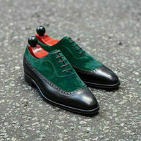 Men's Green Black Leather Suede Lace Up Shoes Men Dress Formal Square Toe Shoes - Thumbnail 1