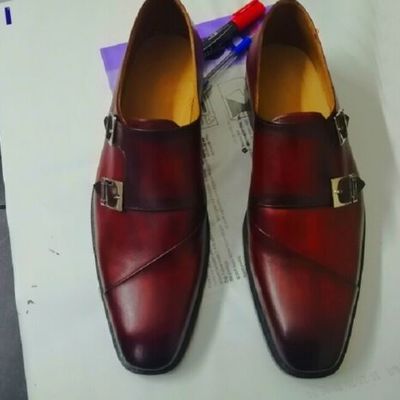 New men,s handmade burgundy color double monk leather shoes