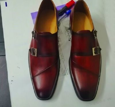 New Men,s Handmade Burgundy Color Double Monk Leather Shoes
