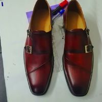 New Men,s Handmade Burgundy Color Double Monk Leather Shoes - Thumbnail 4