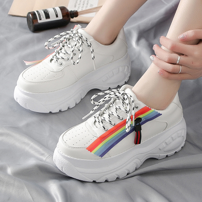 High quality white rainbow lace up platform sneakers