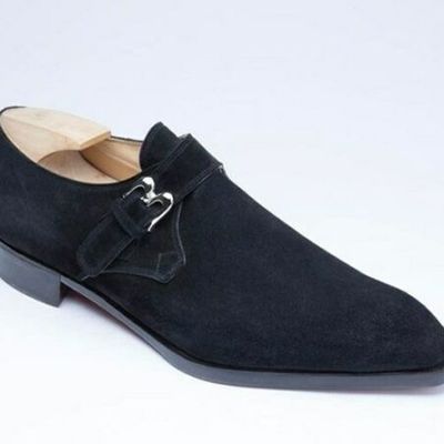 Handmade men,s navy blue suede monk strap shoes
