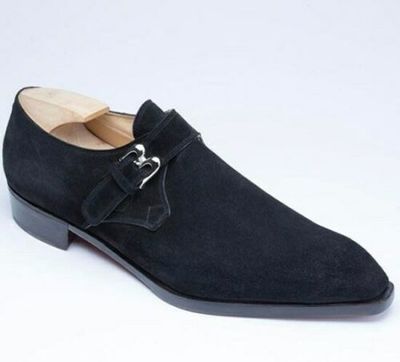 Handmade Men,s Navy Blue Suede Monk Strap Shoes