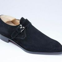 Handmade Men,s Navy Blue Suede Monk Strap Shoes - Thumbnail 1