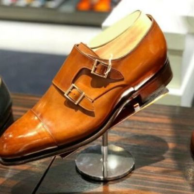 Handmade men,s tan leather double monk shoes
