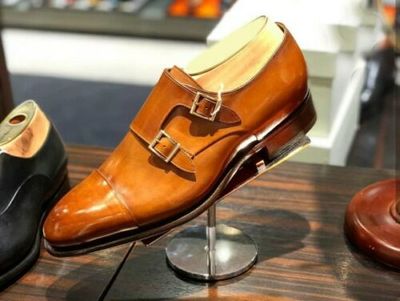 Handmade Men,s Tan Leather Double Monk Shoes