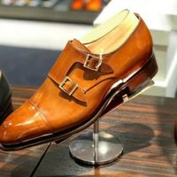 Handmade Men,s Tan Leather Double Monk Shoes - Thumbnail 4