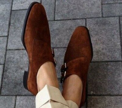 Men,s New Handmade Brown Double Monk Suede Shoes