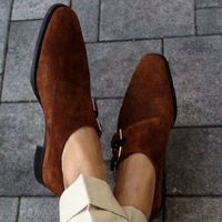 Men,s New Handmade Brown Double Monk Suede Shoes - Thumbnail 4