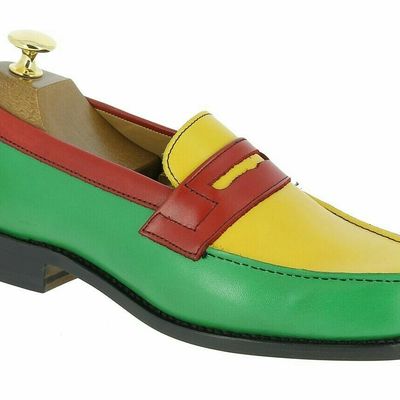 Handmade men's multi color leather shoes, men round toe leather loafer slip ons
