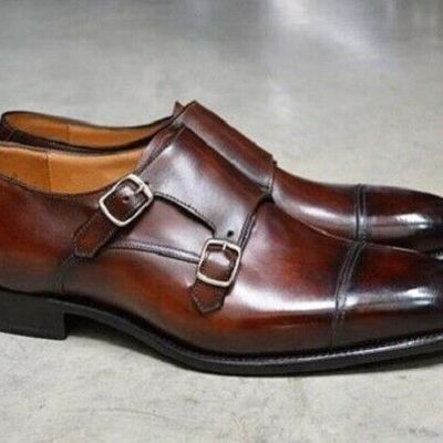 Men's handmade double monk leather casual shoe brown shoes