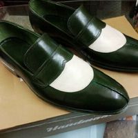 New Handmade Loafers Men’s Split Toe Green Off White Leather Shoes - Thumbnail 1