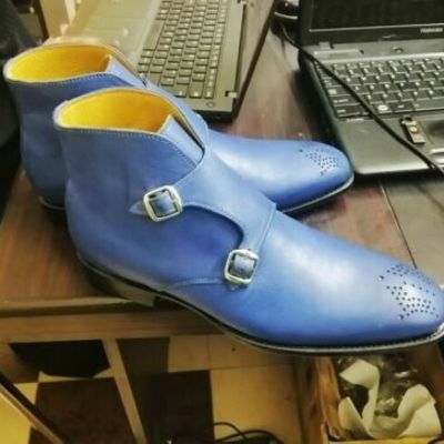 Handmade blue leather chukka buckle boot double monk strap brogue boots - Thumbnail 3