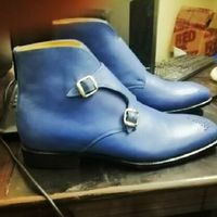 Handmade Blue Leather Chukka Buckle Boot Double Monk Strap Brogue Boots - Thumbnail 2