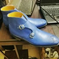 Handmade Blue Leather Chukka Buckle Boot Double Monk Strap Brogue Boots - Thumbnail 4