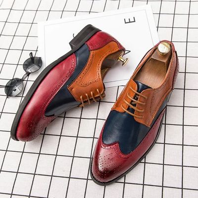 Handmade multi color wing tip brogue lace up leather shoes for men's - Thumbnail 2