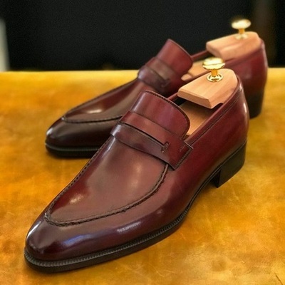 Handmade burgundy penny loafers leather shoes for men's - Thumbnail 3