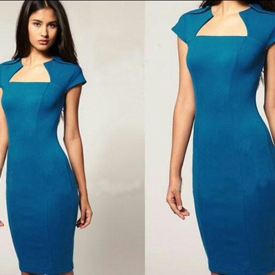 Professional square neck bodycon pencil dress - teal