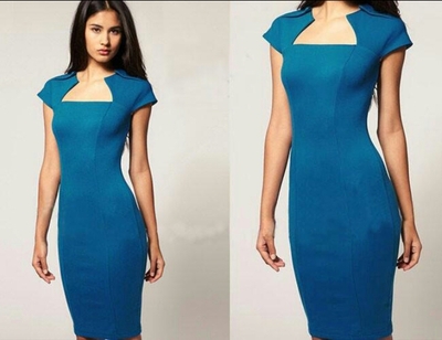 Professional Square Neck Bodycon Pencil Dress - Teal