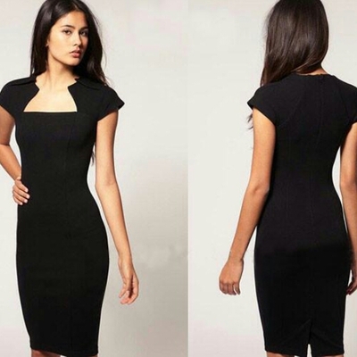 Professional square neck bodycon pencil dress - black