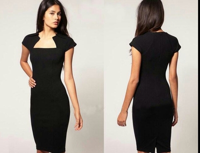 Professional Square Neck Bodycon Pencil Dress - Black