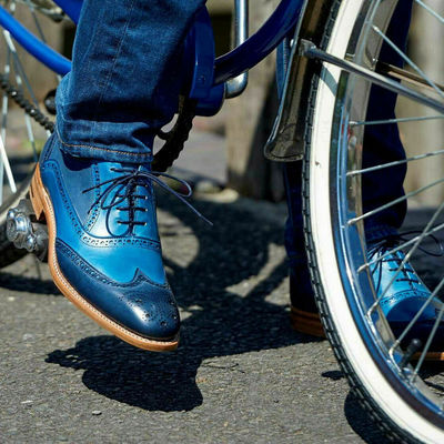 Handmade stylish blue color tan sole genuine leather lace up vintage shoes