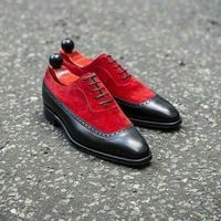 Men's Red Black Leather Suede Lace Up Shoes Men Dress Formal Square Toe Shoes - Thumbnail 1