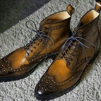 Handmade Ankle High Brown Wing Tip Brogue Leather Lace Up Boots For Men's - Thumbnail 1