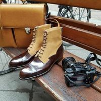 Handmade Ankle High Brown & Beige Cap Toe Leather Suede Lace Up Boots For Men's - Thumbnail 1