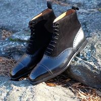Handmade Ankle High Black Cap Toe Brogue Leather Suede Lace Up Boots For Men's - Thumbnail 1