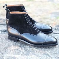 Handmade Ankle High Black Cap Toe Brogue Leather Suede Lace Up Boots For Men's - Thumbnail 4