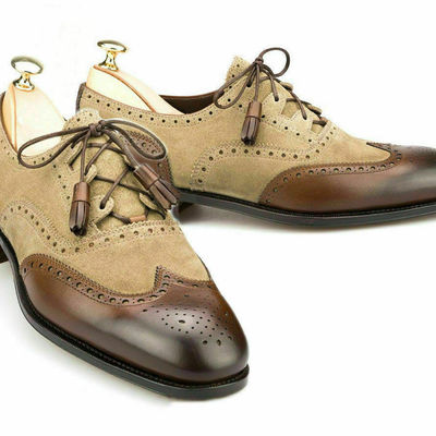 Mens handmade shoes two tone wingtip suede leather formal dress casual wear boot