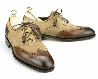 Mens Handmade Shoes Two Tone Wingtip Suede Leather Formal Dress Casual Wear Boot