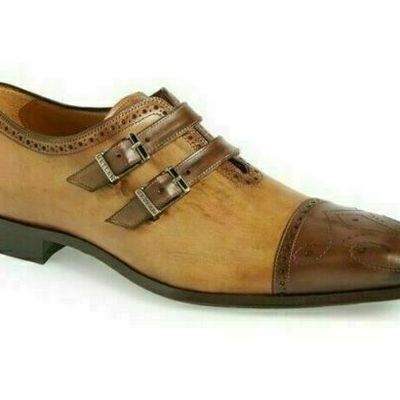 Men tan brown monk double buckle strap burnished medallion cap toe leather shoes