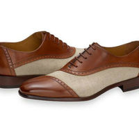 Handmade Men's Beige & Brown Leather & Tweed Cap Toe Lace Up Dress Shoes - Thumbnail 1