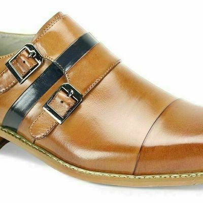 Tan monk double buckle strap navy blue strip derby cap toe genuine leather shoes