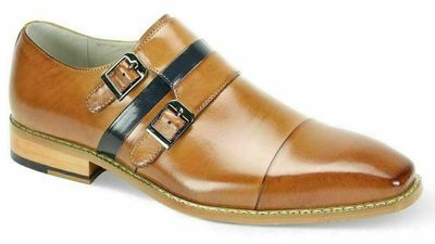 Tan Monk Double Buckle Strap Navy Blue Strip Derby Cap Toe Genuine Leather Shoes