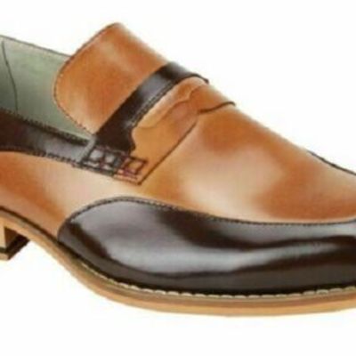 Two tone tan brown moccasin loafer slip ons vintage leather formal dress shoes