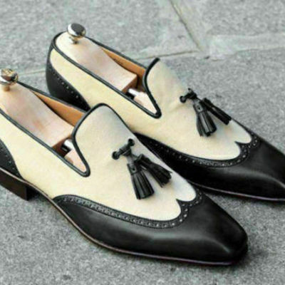 Handmade black beige suede moccasin slipper tussle leather dress formal office shoes