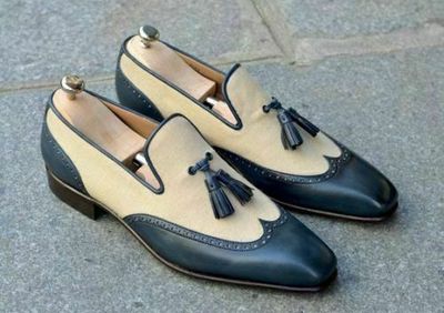 Mens Handmade Shoes Wingtip Two Tone Beige Suede & Navy Leather Tassels Boot NEW