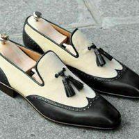 Handmade Black Beige Suede Moccasin Slipper Tussle Leather Dress Formal Office Shoes - Thumbnail 4